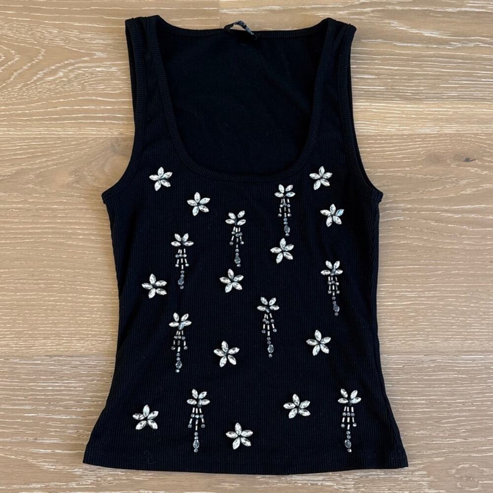 White Fox Tank Top Ribbed Beaded Sinful Embrace Size S Black Silver